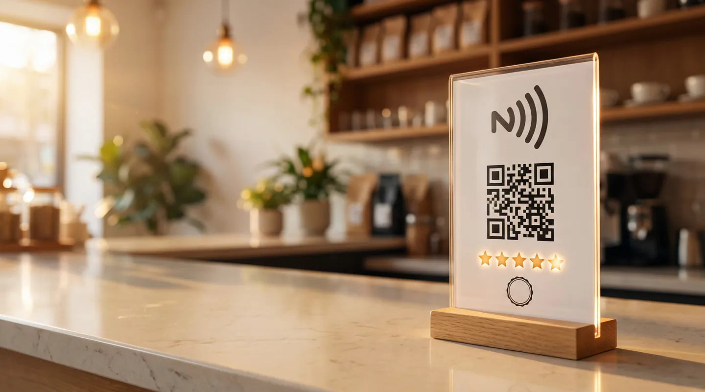 ภาพจำลองป้ายรีวิว NFC อะคริลิกฐานไม้บนเคาน์เตอร์ร้านกาแฟ